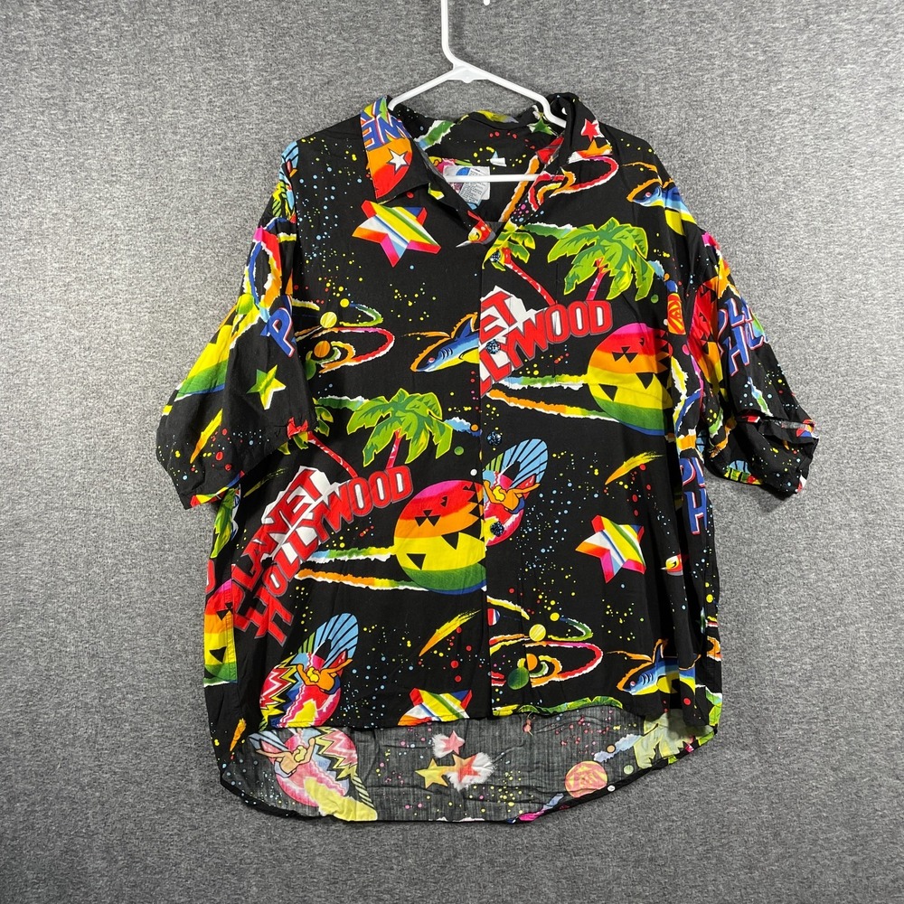 Vintage 1990 Planet Hollywood Rayon Space Print Camp Hawaiian Shirt XL Flowey - Picture 1 of 14